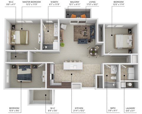 Floor plan for 3 beds, 2 baths, 1360 sqft